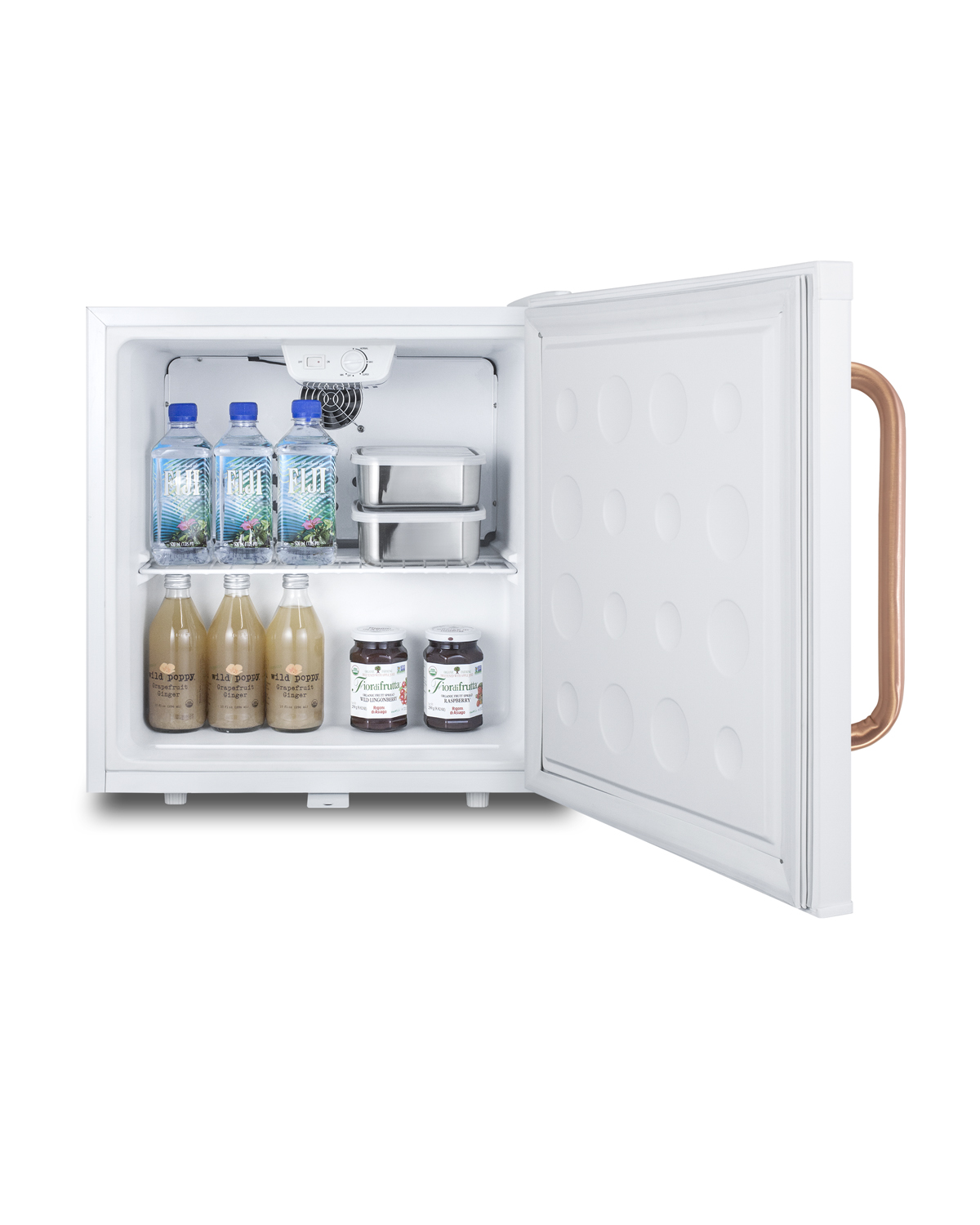 Compact 1.7 cu.ft. all-refrigerator in white with pure copper handle, automatic defrost, front lock, and flat door liner